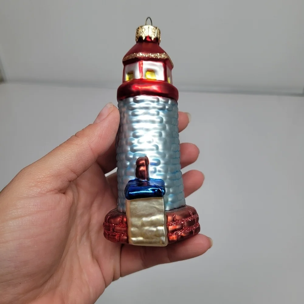 VTG Blown Glass‎ lighthouse Ornament Red Blue Glitter Ocean Coastal Holiday Gift